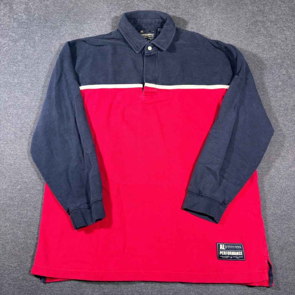 American Eagle Rugby Shirt Mens XL Red Blue Long Sleeve Performance Polo Cotton
